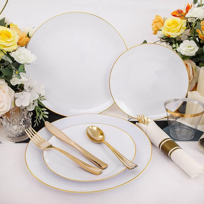 Rubtlamp 140Pcs Gold Plastic Plates, White Plates with Gold Rim, Disposable Dinnerware Include 20Dinner Platos,20Dessert Platos,20Pre Rolled Napkins with Cutlery,20 Cups