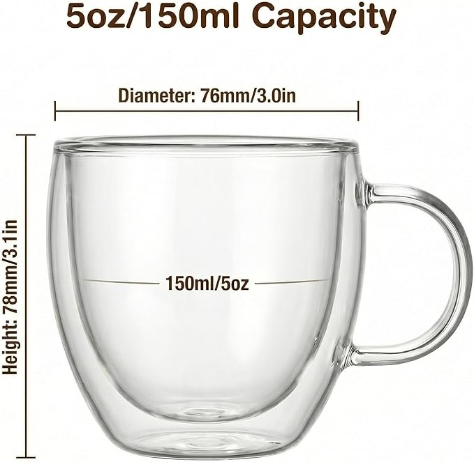 Double Wall Glass Espresso Cups 5oz/150ml, A set of 2, Thermo Insulated - Image 6