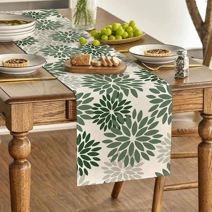 Artoid Mode Dark Green Dahlia Floral Pinnata Spring Table Runner, Seasonal - Image 3