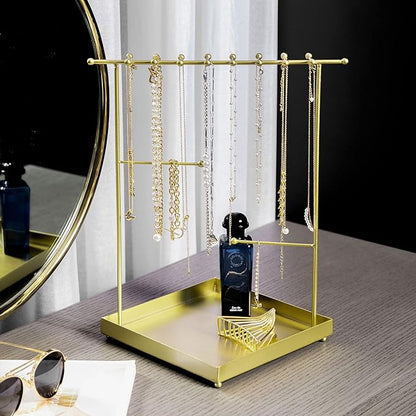 MyGift Matte Metal T Bar Jewelry Stand Organizer with Ring Tray, 3 Bracelet and Necklace Bars and 2 Earring Storage Hanger Bars for 18 pairs of Earrings (Brass)