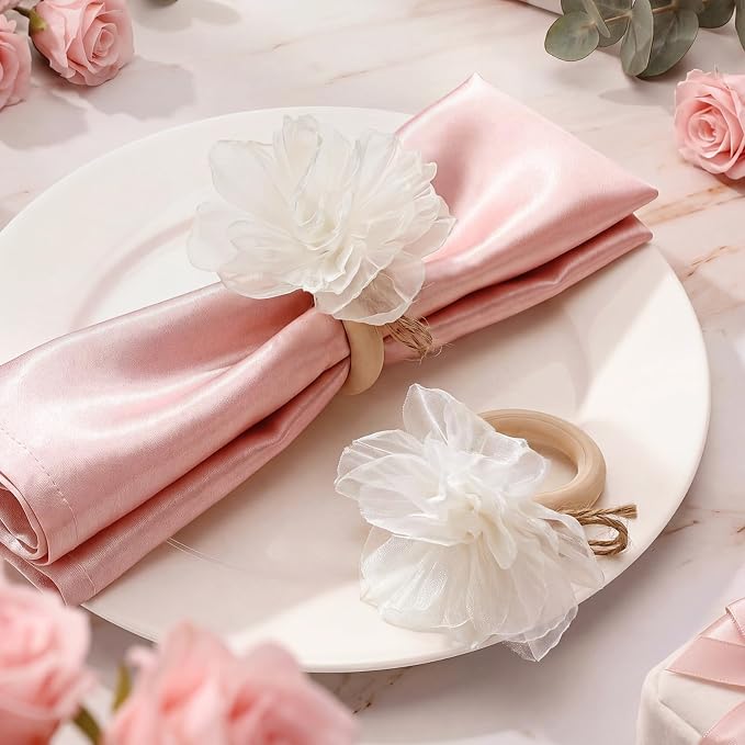 Flower Napkin Rings Set of 12 Wooden White Mesh Flower Handmade Napkin Holders - Image 3