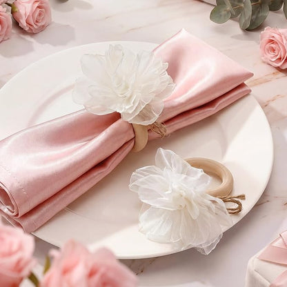 Flower Napkin Rings Set of 12 Wooden White Mesh Flower Handmade Napkin Holders - Image 3