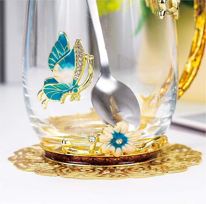Flower Tea Cup, Butterfly Daisy Glass Fancy Coffee Mug - Image 8
