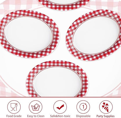50Pcs Gingham Oval Paper Plates 10" x 12" Large Disposable Heavy Duty Valentine‘s Day Red and White Buffalo Checked Plaid Paper Dessert Platter Plates for Valentines Day Picnic Birthday Party Supplies