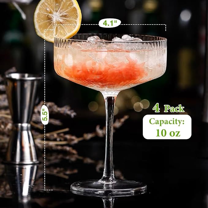 Qipecedm® 4 Pcs Ribbed Coupe Glasses, 10 oz Vintage Coupe Glass Set, Unique - Image 5