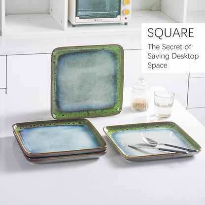 HENXFEN LEAD Square Ceramic Dinner Plates 11 Inch – Large Stoneware Serving Plates Set of 4 for Steak, Pasta & Salad, Microwave & Dishwasher Safe – Reactive Glaze Green