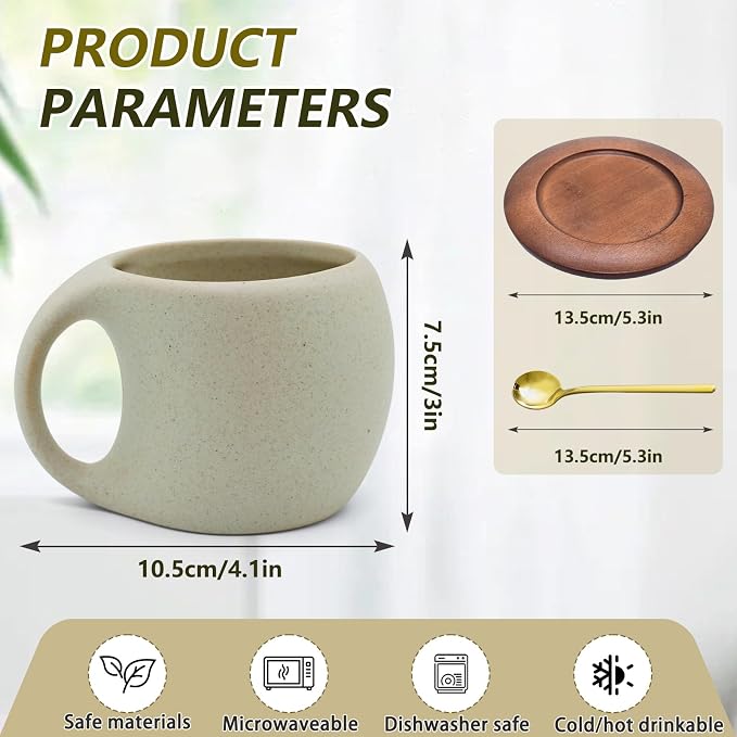 Ceramic Coffee Mug Set with Natural Wood Saucer & Spoon - Image 2