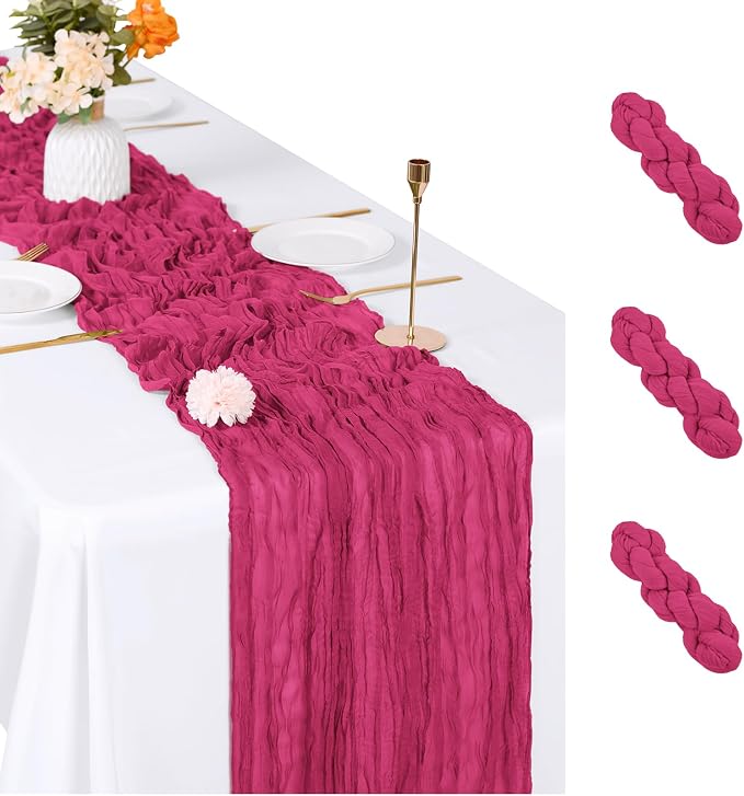 3 Pack Hot Pink Cheesecloth Table Runner, 17 x 108 inch, Semi Sheer Boho Cheese by ACSUIT