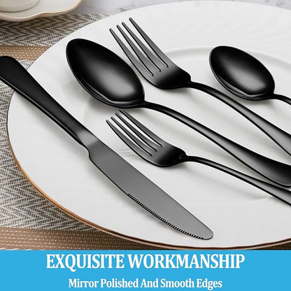 50 Pcs Black Silverware Set, Stainless Steel Flatware Set Service for 10, Mirror Polished Cutlery Utensil Sets, Durable Home Kitchen Eating Tableware Sets, Include Fork Knife Spoon, Dishwasher Safe