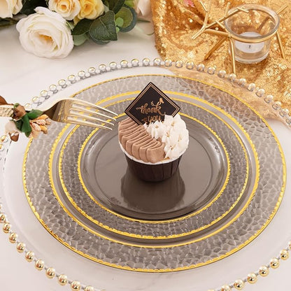 Nervure 150PCS Clear Black Plastic Plates - Gold Party Plates - Black and Gold Dinnerware Set Include: 50 Plate, 25Cups, 25Forks, 25Knives, 25Spoons for New Year & Party & Halloween