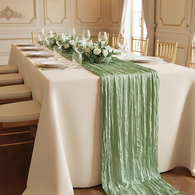 3 Pack Sage Green Cheesecloth Table Runner 120 Inch Boho Wedding Decor | - Image 8