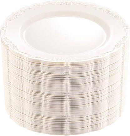 DaYammi 60PCS Ivory Plastic Plates, Fancy Plastic Plates Disposable Heavy Duty Disposable Plates Premium 10inch Ivory Dinner Platos Hard Plastic Platos Disposable for Party Wedding Bridal Shower