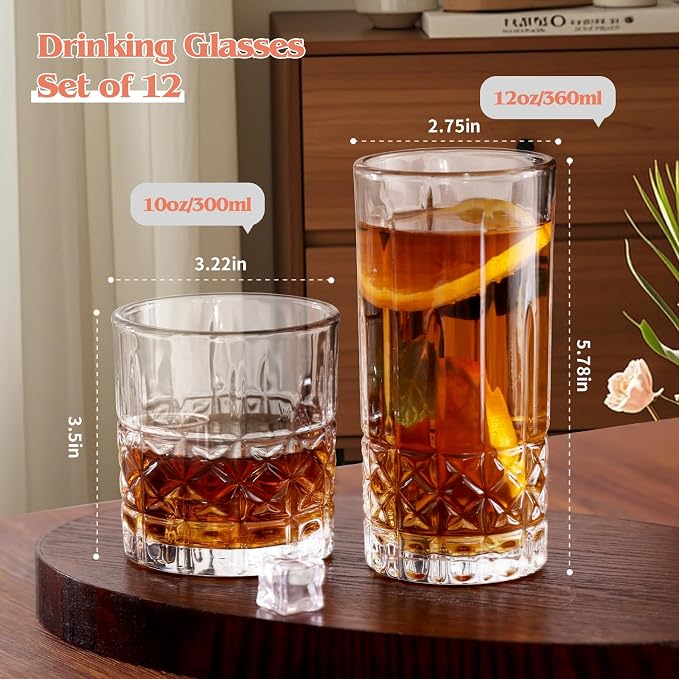 Moretoes Drinking Glasses, 12 Piece Crystal Glass Cups | Mixed Glassware Set - Image 3