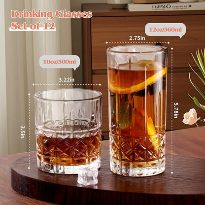 Moretoes Drinking Glasses, 12 Piece Crystal Glass Cups | Mixed Glassware Set - Image 3