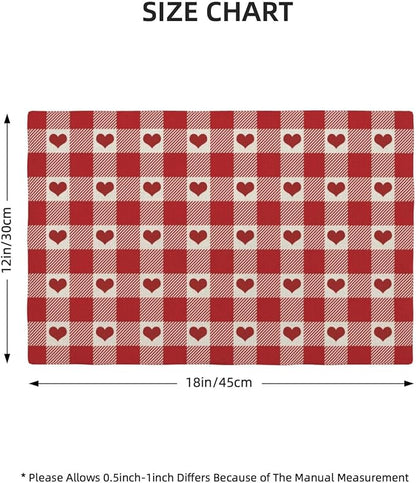 Valentines Placemats Set of 4 Red Pink Love Heart Buffalo Plaid Decor Place Mats 12x18 Inch Gingham Anniversary Wedding Holiday Linen Table Mats for Home Kitchen Dining Party Table Decoration