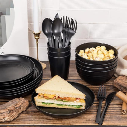 LIYH 28 Pcs Black Wheat Straw Dinnerware Sets - Plates and Bowls Sets, Unbreakable Dinnerware Set Reusable Plates, Bowls, Cups & Cutlery - Lightweight, Dish Set for Kitchen & Camping