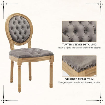 Vintage French Dining Chairs Set of 6, Round Back Velvet Upholstered Accent Chairs with Nailhead Trim and Solid Wood Frame, Elegant Sillas de Comedor for Dining Room & Kitchen, Gray