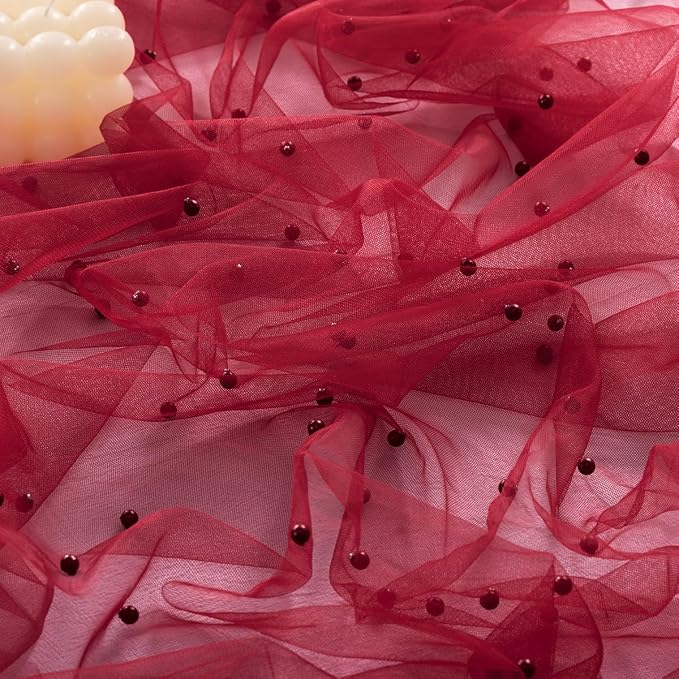 Pearl Table Runner Summer Tulle Gauze Sheer Wedding Party Home Decor | Red - Image 3