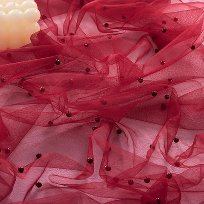 Pearl Table Runner Summer Tulle Gauze Sheer Wedding Party Home Decor | Red - Image 3