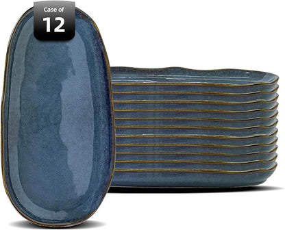 Organic Shape Highland Ceramic Serving Tray, 12pcs 13×7inch Handmade Reactive Glaze Stoneware Tray with Wavy Edge, for Kitchen, Microwave & Dishwasher Safe, Scratch Resistant-Blue