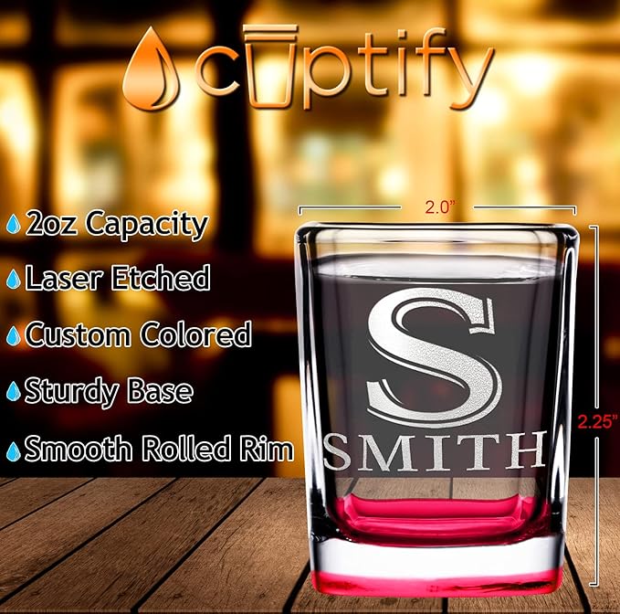 Personalized Square Shot Glasses Set of 12 Red Bottom 2oz Engraved Initial and Name Custom Gifts, Weddings, Birthdays, Party, Event, Decorations