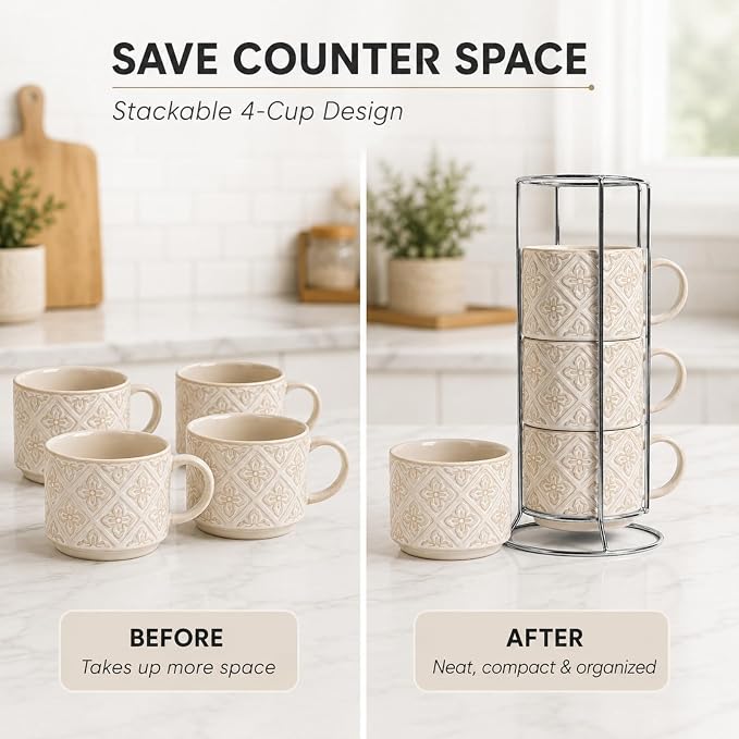 6 Oz Coffee Cups with Stand, Stackable Espresso Cups Set of 4, Ceramic - Image 5