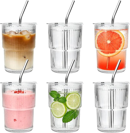 6 Pack 13oz Ribbed Glass Tumbler by Woaiwo-q