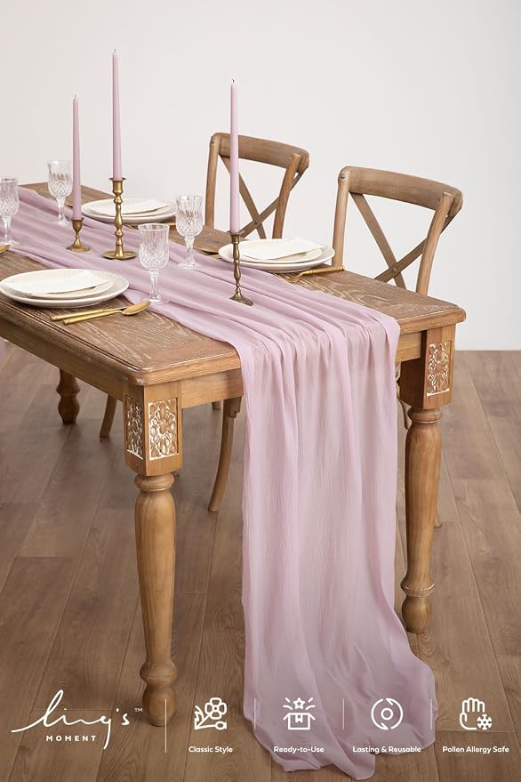Ling's Moment 14Ft Mauve Table Runner, Wedding Sheer Chiffon Table Runners | - Image 2