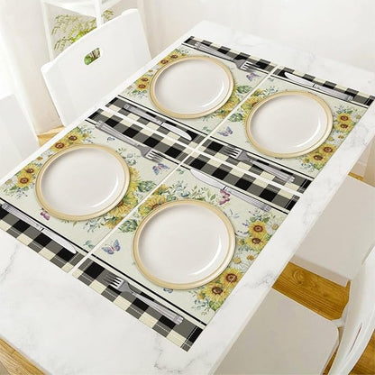 Vintage Sunflower Theme Placemat Set, Rustic Farmhouse Vivid Lavender Floral Butterflly Black White Check Pattern Home Decor Linen Table Mats for Dining Room Kitchen Party (17x12in) x4P