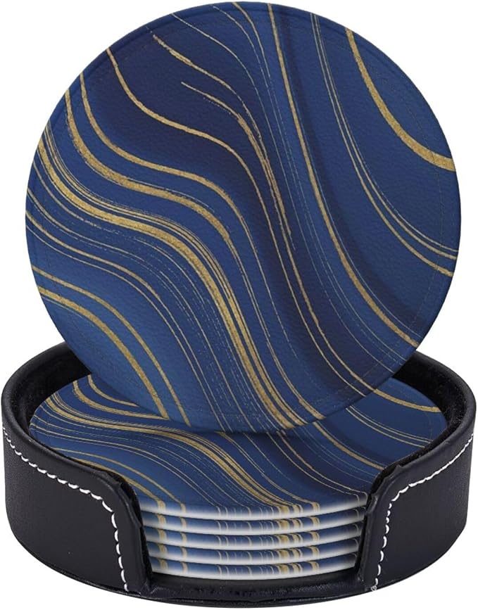 6 Pcs Abstract Geometric Navy Blue Marble Gold Stripes Leather Coasters by Jfniub