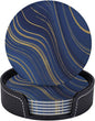 6 Pcs Abstract Geometric Navy Blue Marble Gold Stripes Leather Coasters by Jfniub