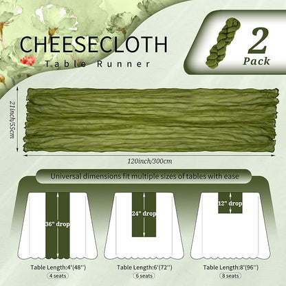 Showgeous 2 Pack Olive Green Cheesecloth Table Runners Boho Wedding Decor | - Image 2