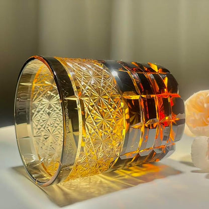 suigetsu Japanese Crystal Whiskey Glass, 10 oz, Amber Black, Engraved Pattern, Old Fashioned Rocks Tumbler with Gift Box (Amber Glow)
