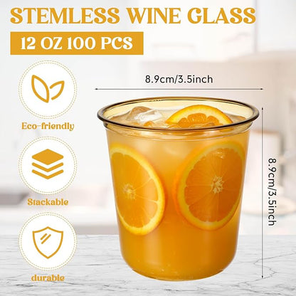 Ziliny 100 Pcs Disposable Stemless Glasses 12oz Crystal Plastic Wine Glasses - Image 3