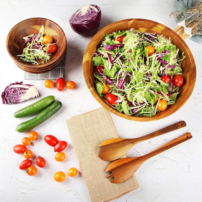 AIDEA Salad Bowls, Wooden Salad Bowls Set, Large Acacia Wood Serving Bowl for Fruits, Salad, 12.5" Big Salad Bowl with Serving Utensils