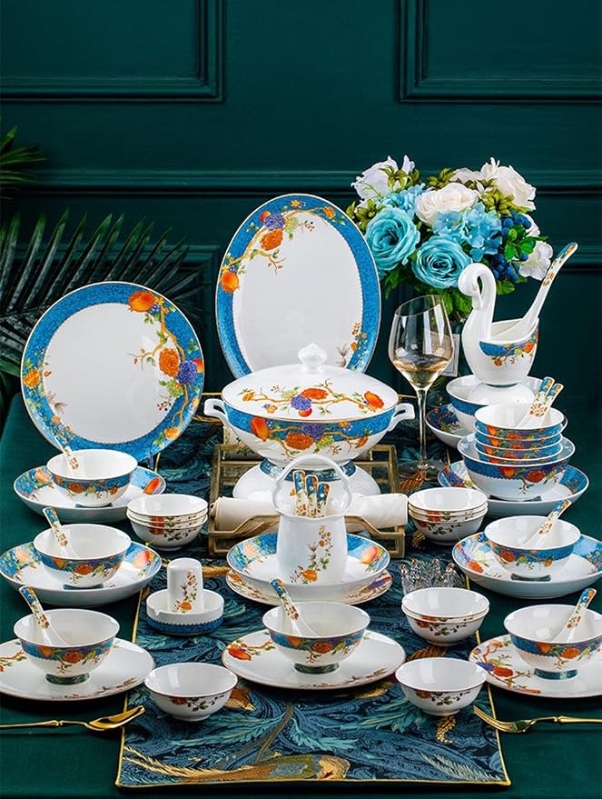 60 Pieces of 10-12 People Bone China Bowl and Plate Dinnerware Set Pomegranate - Image 4