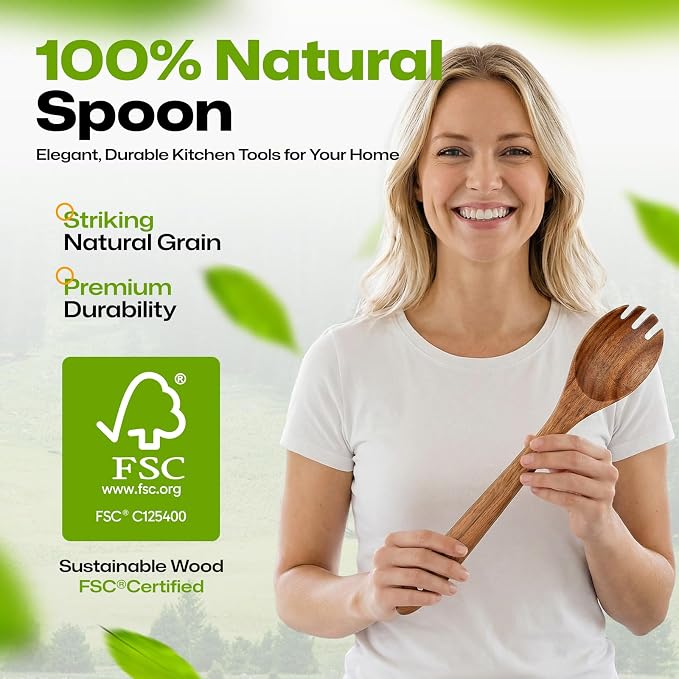 Wooden Salad Spoon Fork, 2-in-1 Teak Wood Cooking Utensil, Long Handle - Image 2