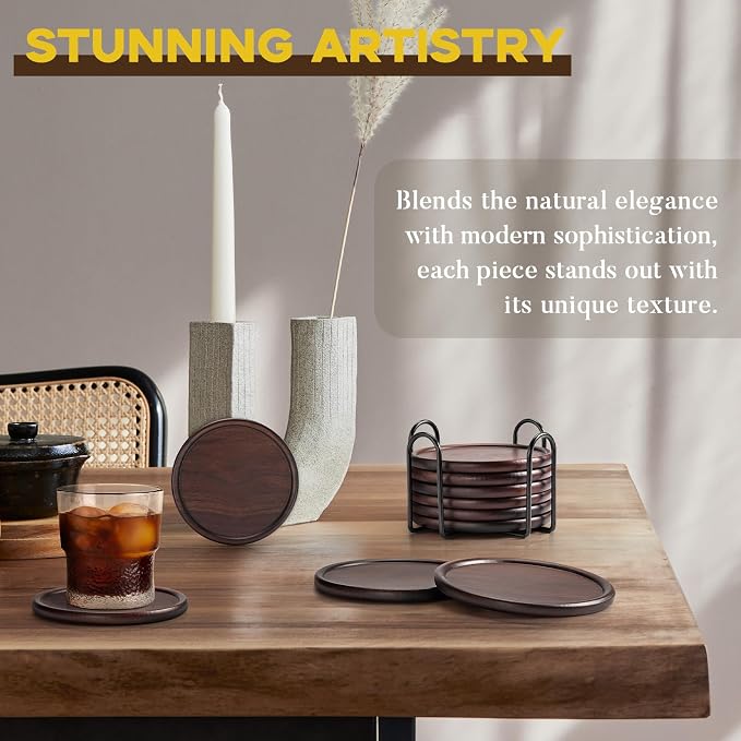Wood Coasters with Metal Holder, GOH DODD Set of 6 Walnut Wooden Coaster - Image 3