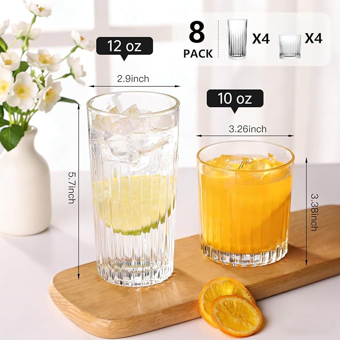 Laerjin Drinking Glasses Set of 8, 12 oz Highball Glasses & 10 oz Cocktail - Image 4
