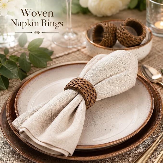 Jute Cane Napkin Rings, Walnut | Plastic & cane, 2.25x2.25x1.5 in each - Image 2