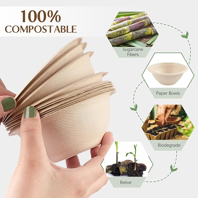 ZORRITA Disposable Paper Bowls, 8 oz, 150 Pack | Natural Sugarcane, Small - Image 4