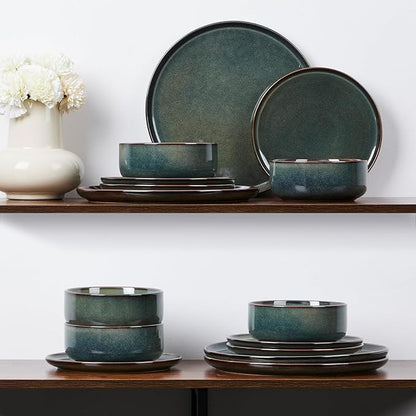 E-far Dinnerware Sets for 8, 24-Piece Stoneware Plates and Bowls Set, Ceramic Dishes Reactive Glaze Dinning Ware, Microwave & Dishwasher Safe - Obsidian Green