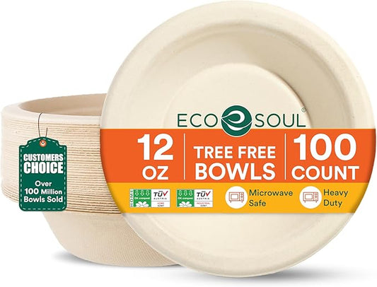 ECO SOUL 100% Compostable 12 Oz Soup Bowls [100-Pack] Disposable Sturdy Bowls I Heavy Duty Paper Bowl I Eco-Friendly Salad Bowl I Biodegradable Small