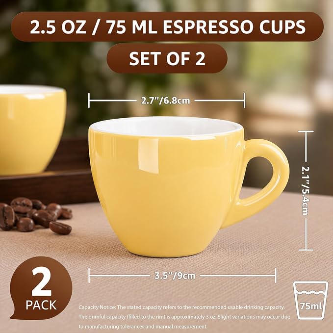 Pilnocok Ceramic Espresso Cups Set of 2, 2.5 oz Yellow Small Coffee Mugs | - Image 2