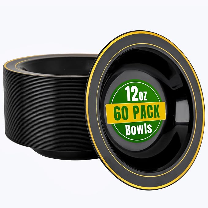 bUCLA 60 Pack Black Plastic Bowls - 12 oz Plastic Soup Bowls Disposable by BUCLA