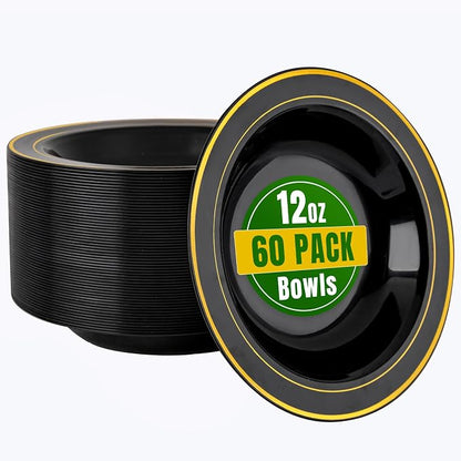 bUCLA 60 Pack Black Plastic Bowls - 12 oz Plastic Soup Bowls Disposable by BUCLA
