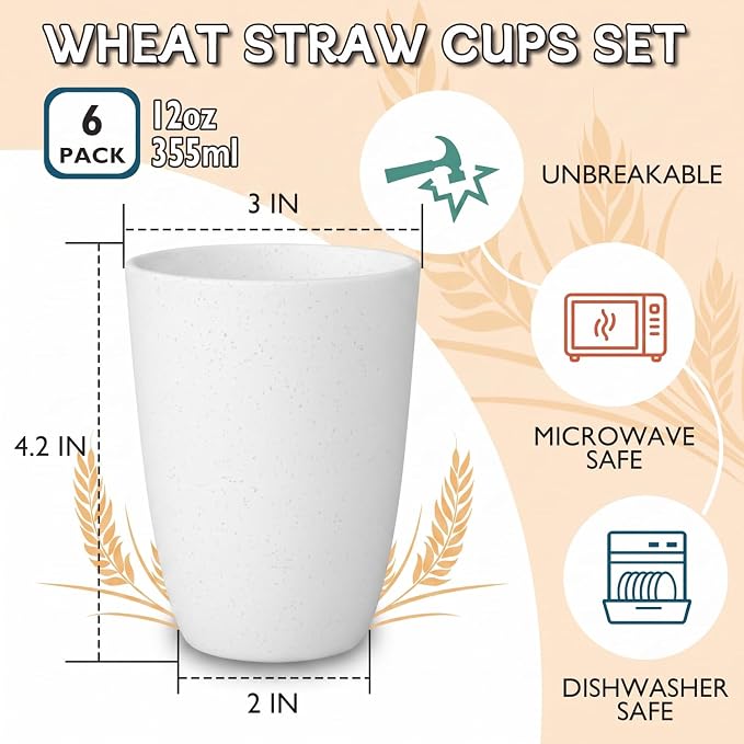 Wrova Wheat Straw Cups Set of 6 Good Alternative to Plastic Cups Reusable 12 oz - Image 2