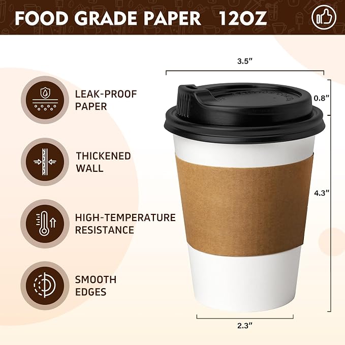 YEEHAW 12 oz Disposable Paper Coffee Cups, 100 Pack | Includes Lids & Sleeves - Image 2