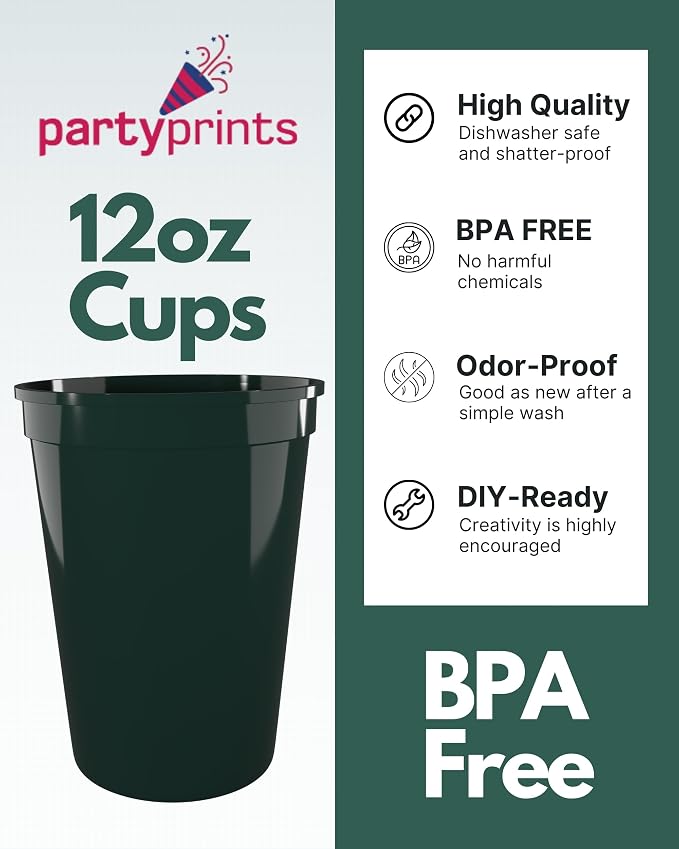 PartyPrints 100 Pack Small 10 to 12 oz Dark Green Reusable Blank Plastic Cups - Image 3