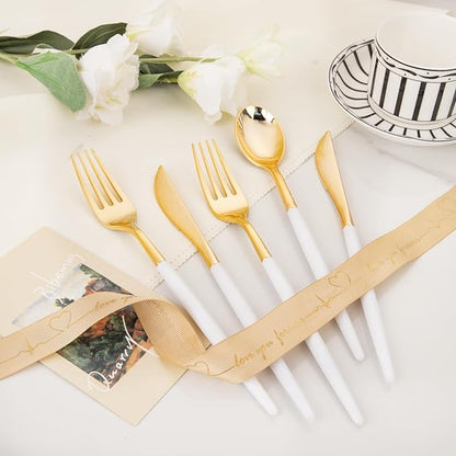 I00000 144Pcs Gold Plastic Silverware, Gold Plastic Utensils Set,Disposable Utensils Heavy Duty,Disposable Silverware Set Includes 48 Forks,48 Knives,48 Spoons for Wedding & Party